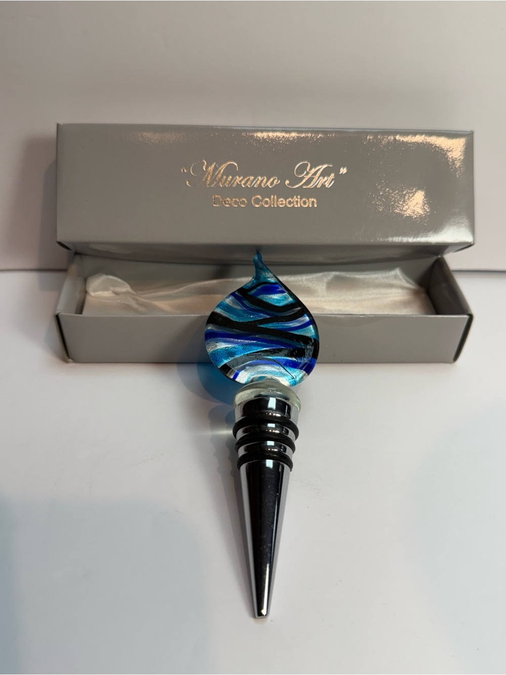Murano Art Glass Deco Collection Art Wine Bottle Stopper Blue Wave